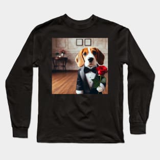 Beagle dog in formal tuxedo carrying red rose Long Sleeve T-Shirt